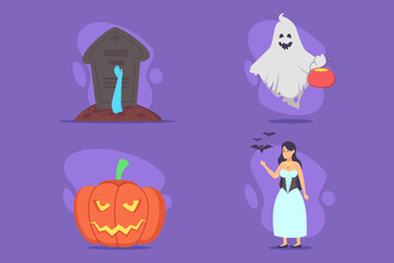 Festive Halloween set of ghost with candy bucket, haunted gravestone, mischievous pumpkin, and woman in spooky costume. Ideal for parties and themed gatherings