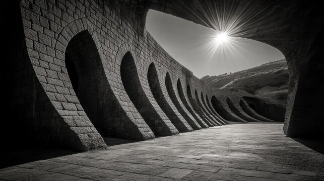 Architectural marvel of a curved stone structure with dramatic lighting and a bright sun