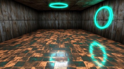 Abstract interior with illuminated teal circles creating a portal-like atmosphere in 3D rendered