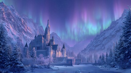 Castle in snowy mountains under aurora borealis