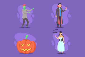 Colorful illustrations of Halloween characters, including zombie, vampire, witch, and pumpkin. Perfect for any Halloween festival or party celebration