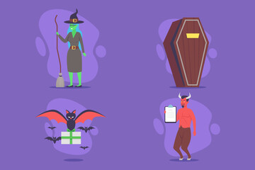 Vibrant collection of Halloween characters including witch with broom, bat, devil holding clipboard, and coffin, perfect for festive decorations at parties