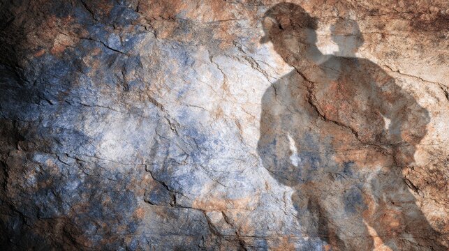 A worker is positioned in a mine, casting a shadow against the rocky surface, highlighting the textures and colors of the mineral-rich walls.