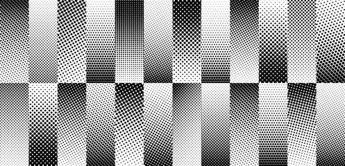 Halftone gradient stripes background. Fading dotted gradation lines wallpaper. Black and white halftone line wallpaper for overlay, print, cover. Vector repeated polka dot strip pattern backdrop