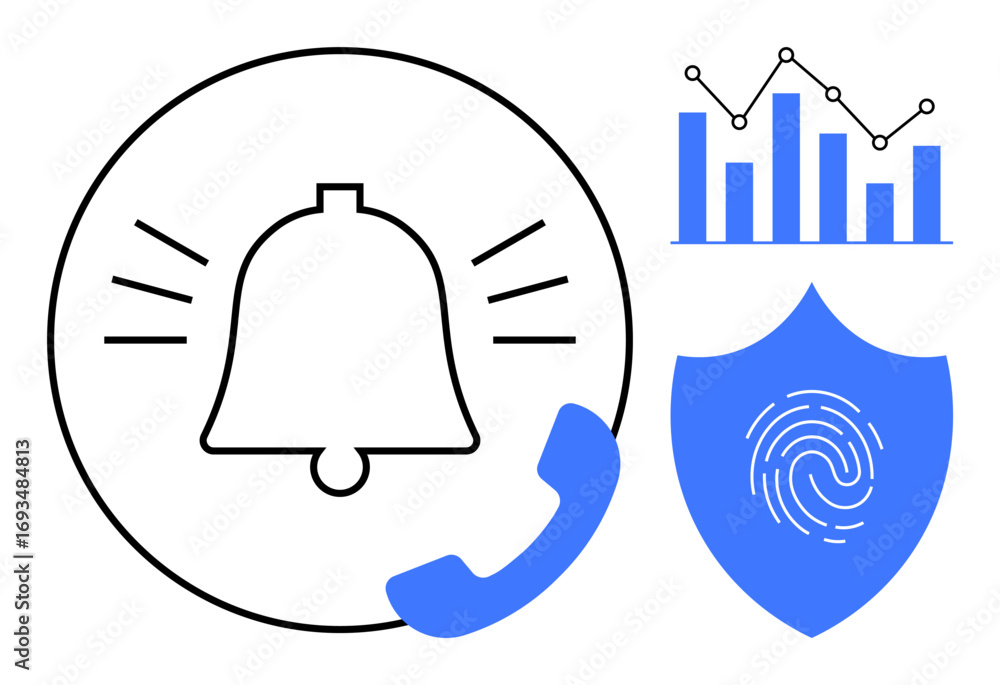 Poster bell alert, bar chart with line graph, phone symbol, fingerprint inside shield. ideal for security, 