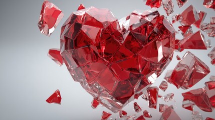 Broken red crystal heart on dark background symbolizing business partnership failure and financial loss