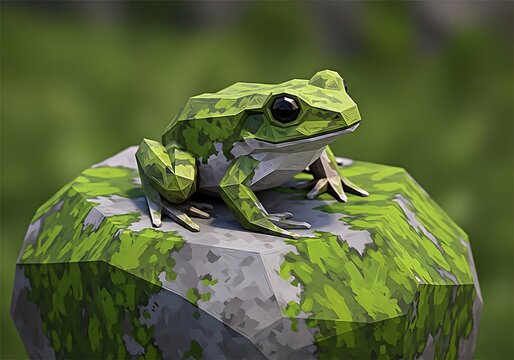 Geometric frog sitting peacefully on a lichen-covered rock in a tranquil low-poly environment