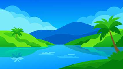 Obraz premium Landscape with lake hills and palm trees