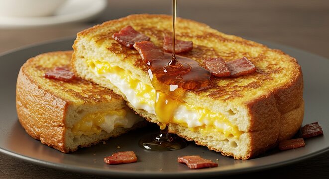 Syrup pours over French toast w bacon revealing cheesy filling on a dark plate showcasing breakfast treat
