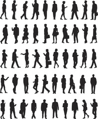 Silhouette people, walking poses, business attire, casual movement, urban scene, mobile usage, vector art, flat design, diverse group, flat vector illustration