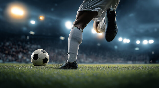 photo of a soccer player kicking the ball on an empty stadium, wearing white socks and black shoes
