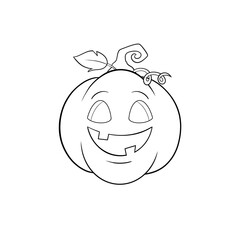 Happy Jack o lantern pumpkin with a big smile and 2 carved teeth Halloween clip art hand drawn black and white