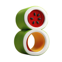 Fototapeta premium Stylized 3D number eight resembling a slice of watermelon with seeds fruit