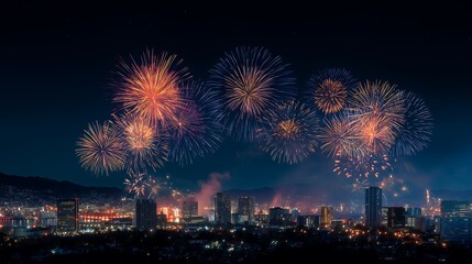 Fototapeta premium Fireworks over city skyline at night