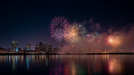 Fireworks over city skyline at night
