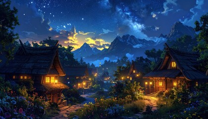 Naklejka premium A picturesque mountain village bathed in the soft glow of twilight, featuring charming thatched-roof homes and a starry night sky.