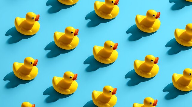 A collection of yellow rubber ducks arranged in a diagonal repeating pattern on a vibrant blue background creating a playful design