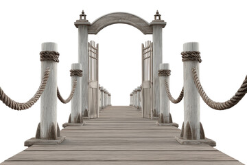 Naklejka premium Old wooden pier with rope railings leading to an arched gate.