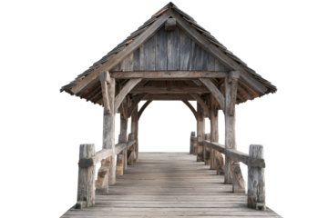 Old rustic wooden covered bridge isolated on a white background.