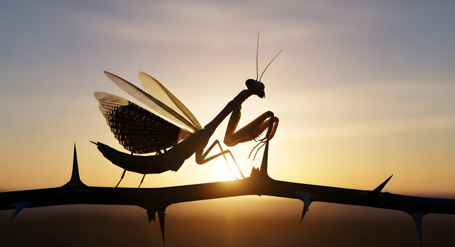 Detailed Silhouette Praying Mantis Insect on Thorny Branch at Sunset