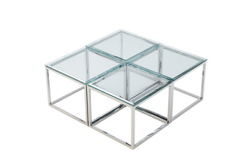 Modern square coffee table with a chrome metal frame and four glass panels.