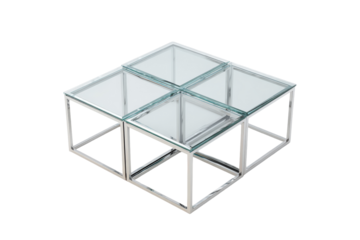 Modern square coffee table with a chrome metal frame and four glass panels.