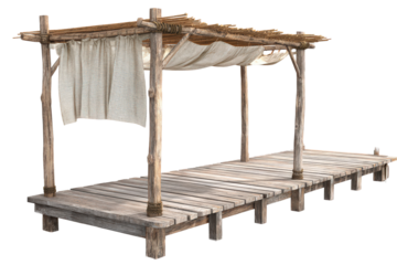 Rustic wooden pier with a simple fabric canopy shelter.
