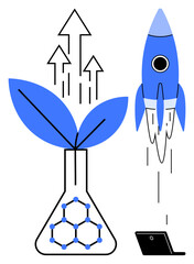 Rocket launch, plant growth from flask with molecular pattern, upward arrows. Ideal for innovation, technology, sustainability, science, growth entrepreneurship start-up success. Simple flat
