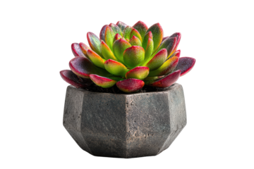 Vibrant echeveria succulent with red tips in a dark faceted planter.