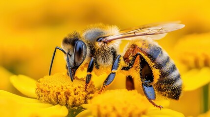 Fototapeta premium Close-up of a bee collecting pollen from vibrant yellow flowers