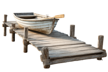 Old wooden rowboat with an oar on a rustic pier.