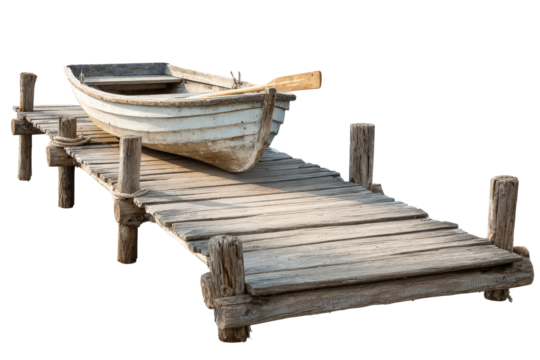 Old wooden rowboat with an oar on a rustic pier.