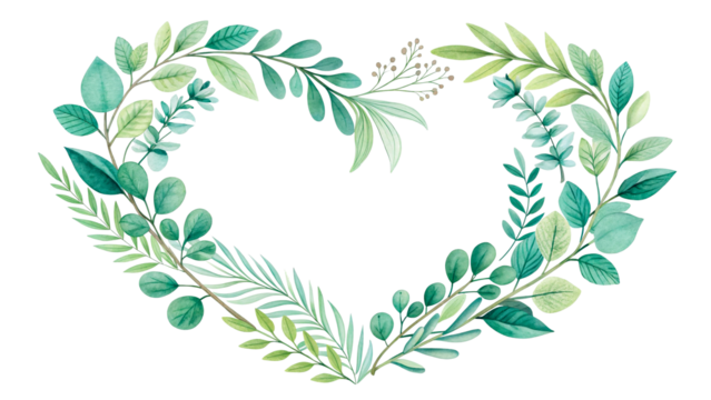 Heart-shaped wreath made of watercolor leaves and eucalyptus foliage, soft green tones. Transparent background.