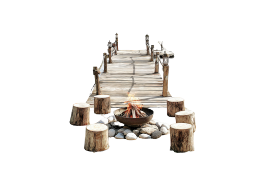 Outdoor campfire setting with rustic log stools and a wooden bridge.