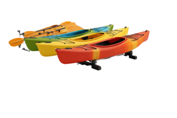 Set of Four Multicolored Kayaks Ready for Water Sports.