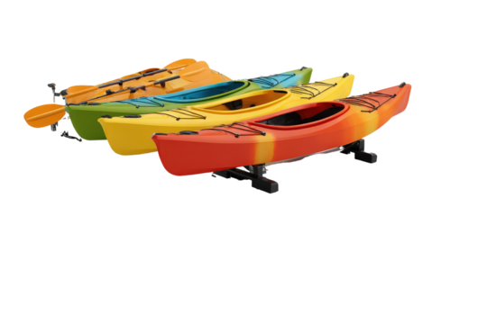 Set of Four Multicolored Kayaks Ready for Water Sports.