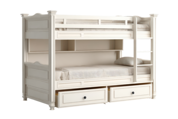 Classic white wooden bunk bed with storage drawers and shelves.