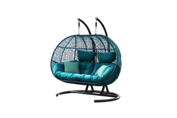 Modern teal double hanging egg chair with stand isolated on white.