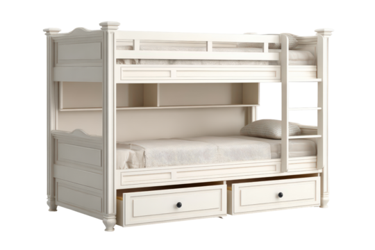 Classic white wooden bunk bed with storage drawers and shelves.