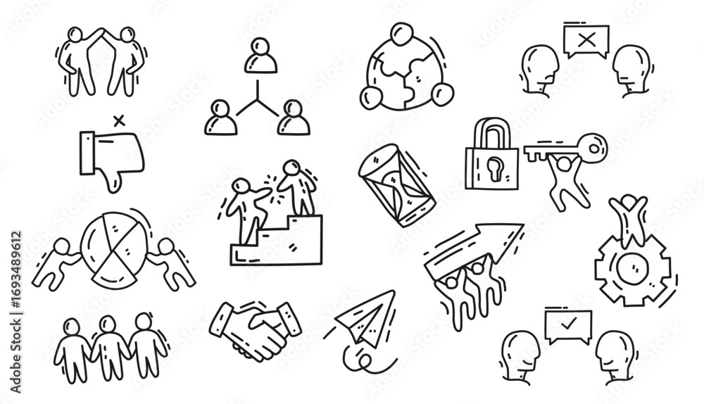 Poster collection of simple line doodle icons for business concepts and team collaboration. vector illustra