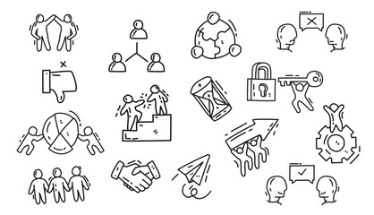 Collection of Simple Line Doodle Icons for Business Concepts and Team Collaboration. Vector Illustrations of Diverse Business Activities Including Teamwork and Communication