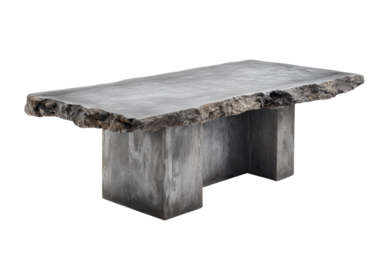Heavy duty natural stone table with a rough live edge.