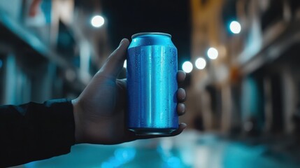 A refreshing drink with a blue aluminum can held by a hand in an urban setting