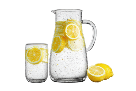 Glass pitcher and drinking glass with fresh lemon water.