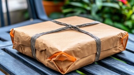 Carefully wrapped parcel resting on wooden chair amidst verdant foliage creates sense of