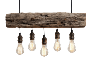 Rustic wooden beam chandelier with five vintage Edison bulbs.