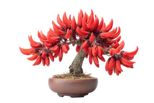 Vibrant red flowering coral tree bonsai in a pot isolated.