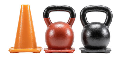 Isolated Kettlebells and Traffic Cone on Transparent Background for Fitness and Safety