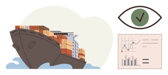 Cargo ship loaded with containers, a data chart with performance graphs, and an eye symbol with a verification mark. Ideal for logistics, shipping, analytics, transport, trade, global business