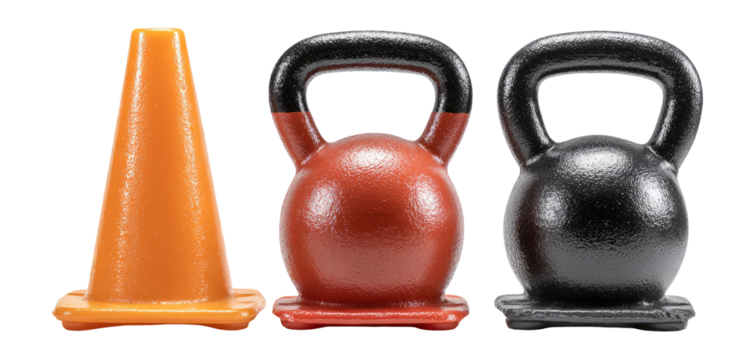 Isolated Kettlebells and Traffic Cone on Transparent Background for Fitness and Safety